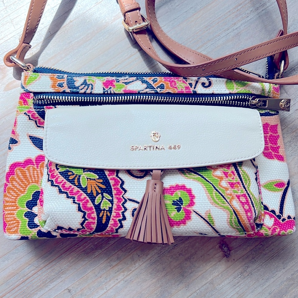 Spartina 449 Floral Canvas Crossbody in White, Pink, Green, Navy & Tan